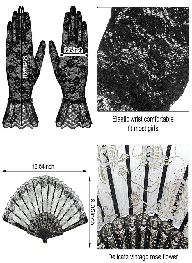 Cuffbow 27 Pcs Black Fascinator Hats Funeral Veil with Folding Fan Lace Gloves for Women Church Halloween Tea Party Headwear - Image 3